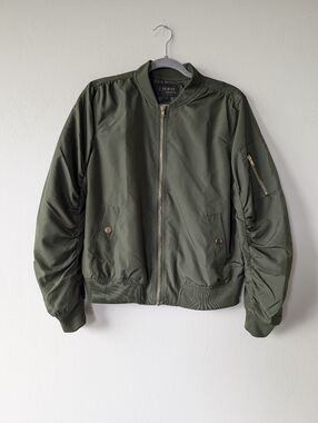 Inso Collection Green Ruched Sleeve Olive Bomber Jacket Size L Zip Up